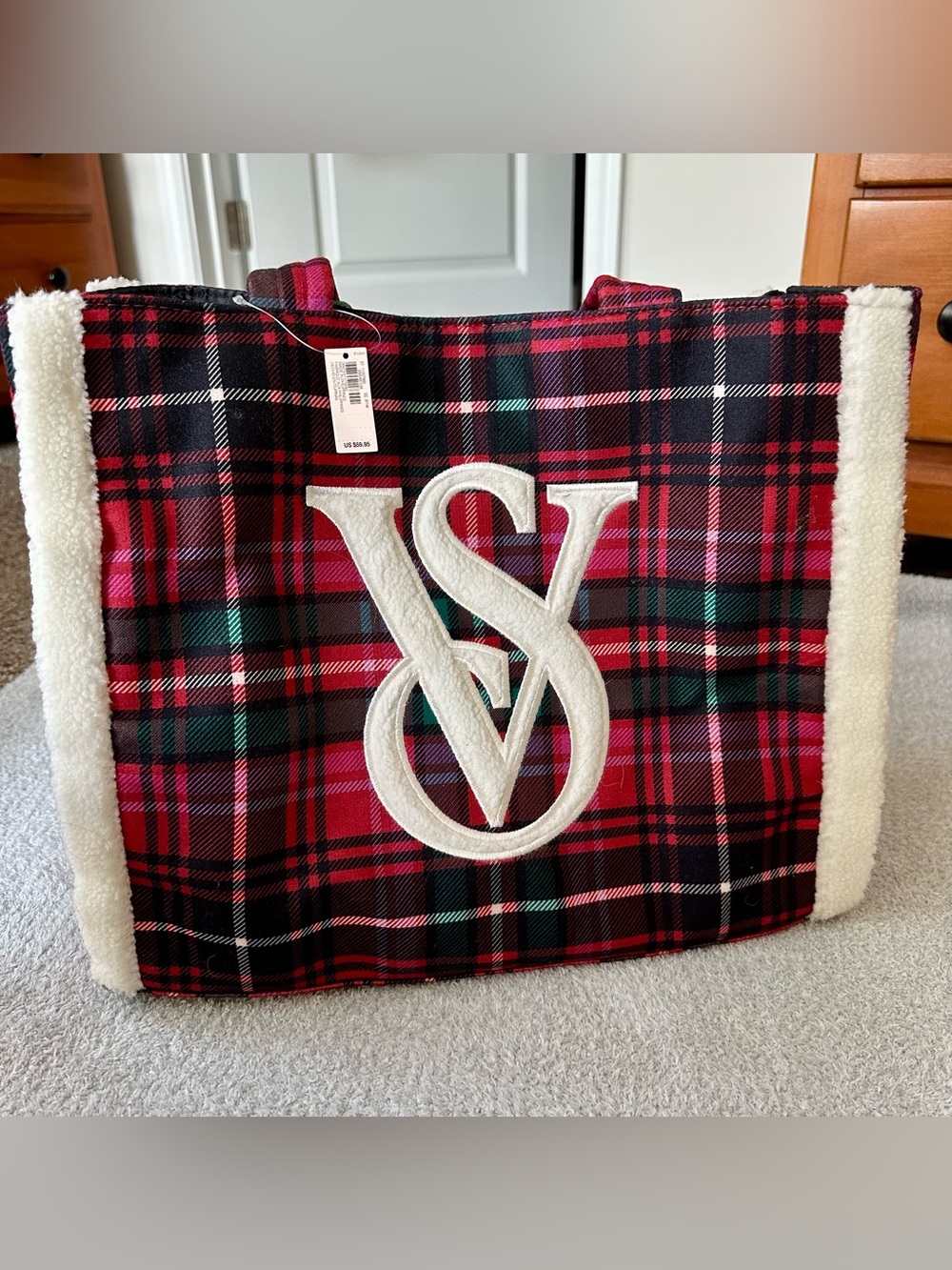 Victoria's Secret Red and Black Plaid Tote with Cream VS Logo